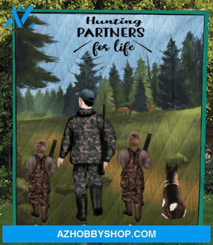 Personalized Hunting Quilt Blanket, Gift Idea For Dad - Father with 2 Kids & 1 Pet Hunting Quilt - Hunting Partners for Life