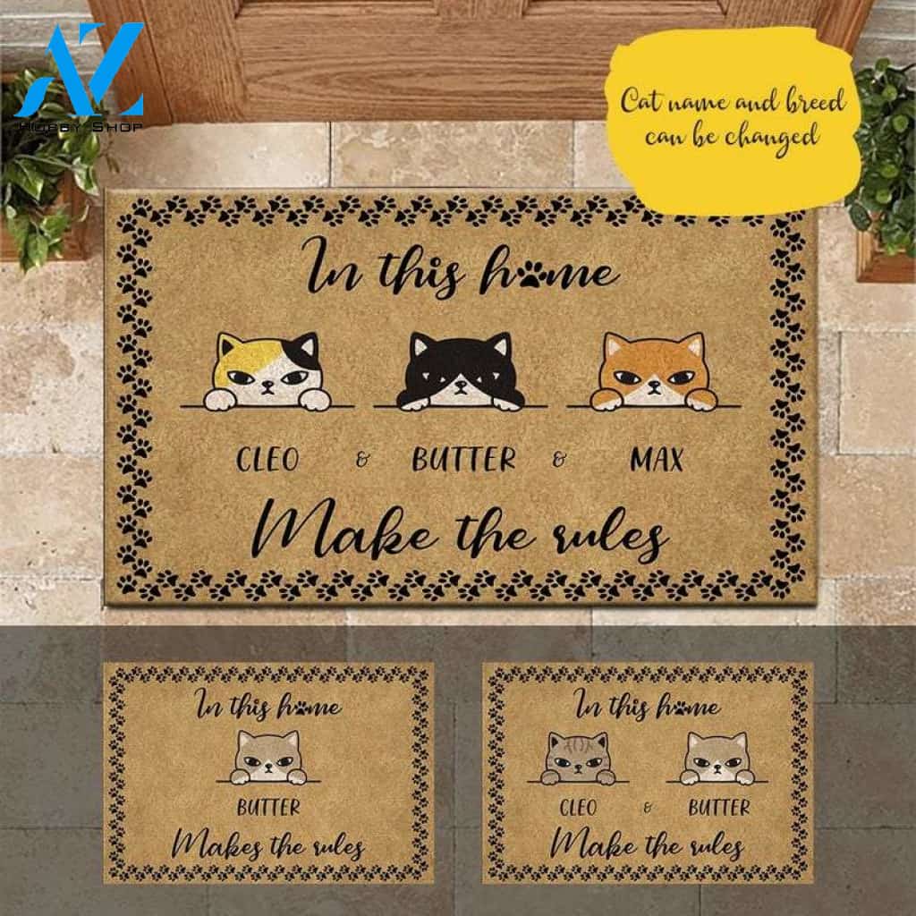 Personalized In This Home Cats Make The Rules Doormat, Customized Cat Name Mat, Funny Welcome Mat, House Warming Gift, Cat Lovers Gift
