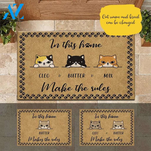 Personalized In This Home Cats Make The Rules Doormat, Customized Cat Name Mat, Funny Welcome Mat, House Warming Gift, Cat Lovers Gift