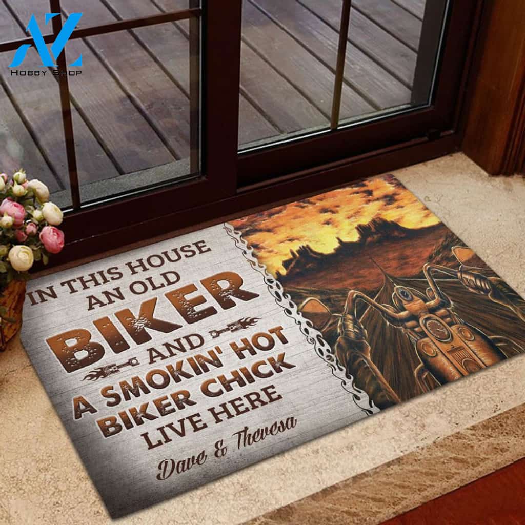 Personalized In This House An Old Biker And A Smokin' Hot Biker Chick Live Here Doormat