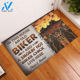 Personalized In This House An Old Biker And A Smokin' Hot Biker Chick Live Here Doormat
