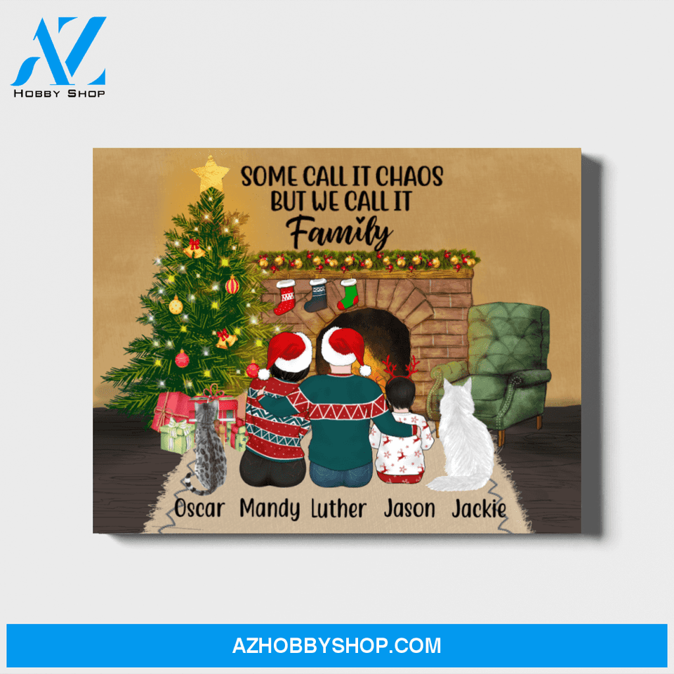 Personalized Landscape Canvas, Couple and A Kid with Cats, Custom Gift for Christmas