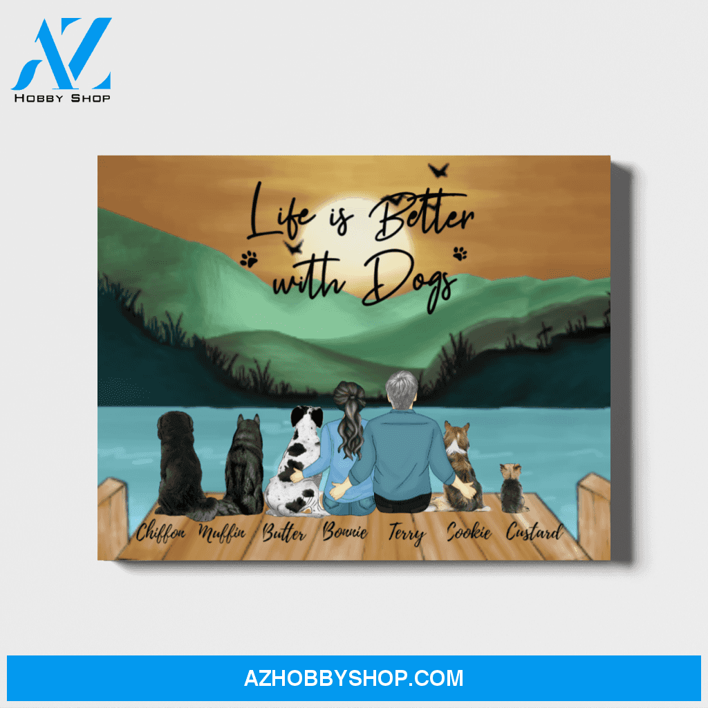 Personalized Landscape Canvas, Couple and Dogs, Custom Gift for Dog Lovers