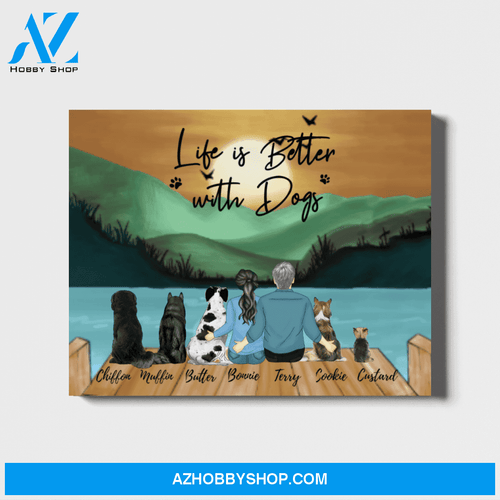 Personalized Landscape Canvas, Couple and Dogs, Custom Gift for Dog Lovers