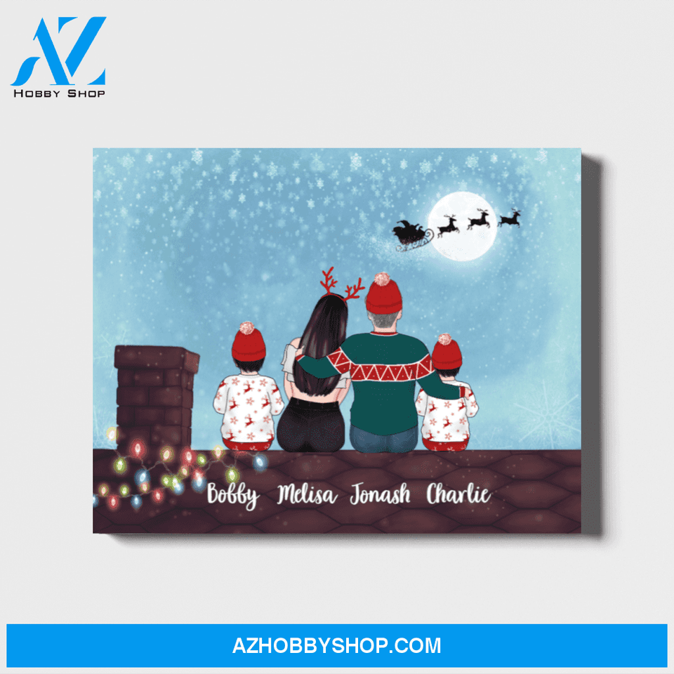 Personalized Landscape Canvas, Couple and Kids On Rooftop, Custom Gift for Christmas