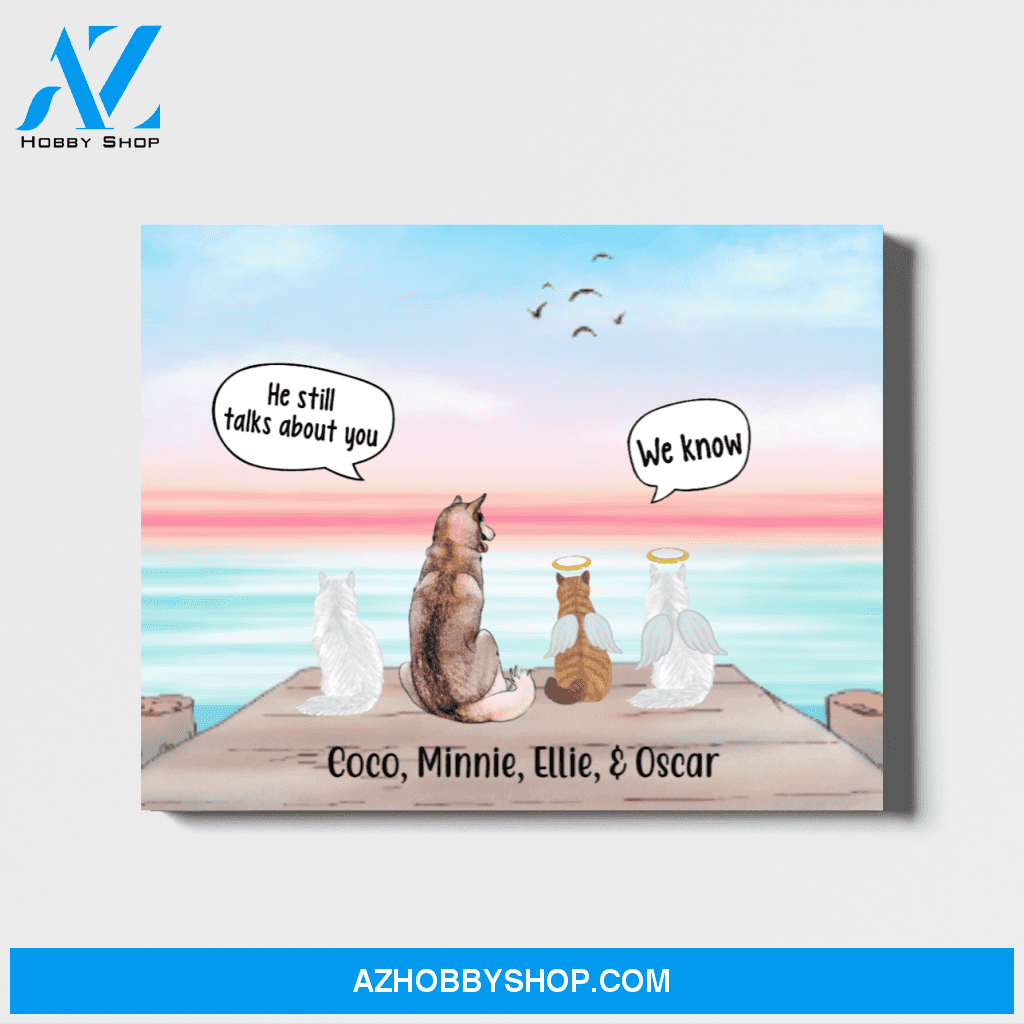 Personalized Landscape Canvas, Dog and Three Cats in Memorial Conversation, Custom Gift for Dog and Cat Lovers
