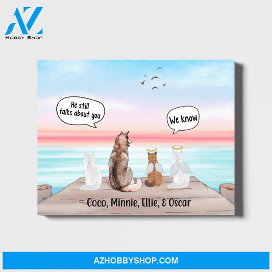 Personalized Landscape Canvas, Dog and Three Cats in Memorial Conversation, Custom Gift for Dog and Cat Lovers