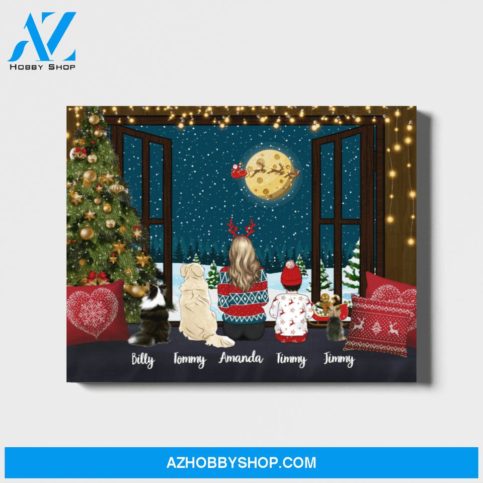 Personalized Landscape Canvas, Woman Kid and Dogs, Custom Gift for Christmas