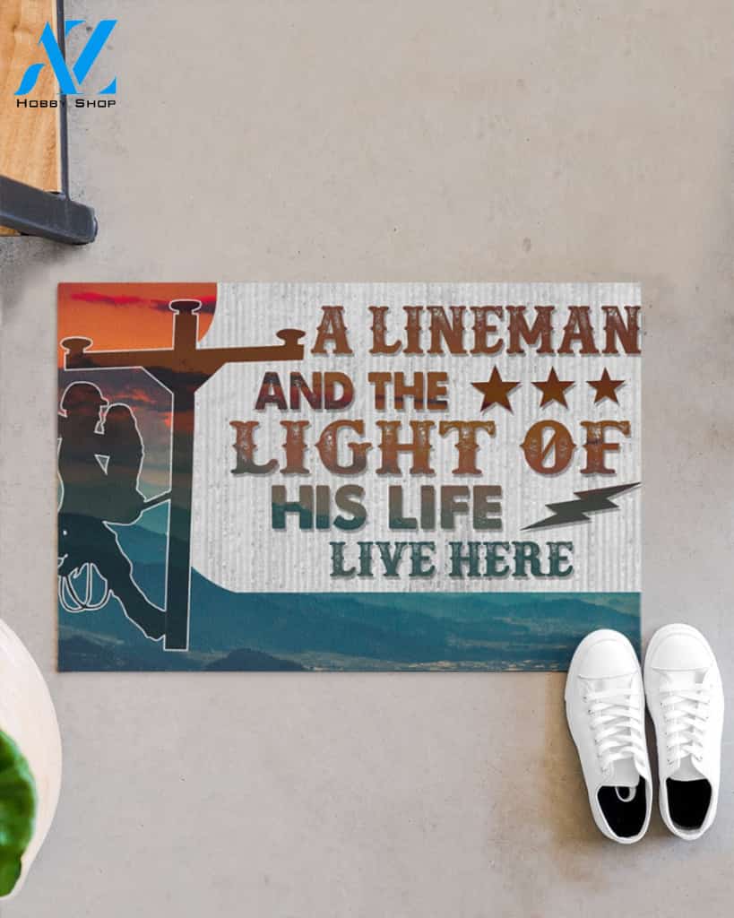 Personalized Lineman and the light of his life live here Doormat