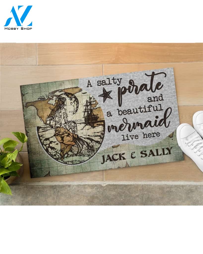 Personalized Mermaid And Pirate Live Here Funny Indoor And Outdoor Doormat Warm House Gift Welcome Mat Birthday Gift For Mermaid Lovers