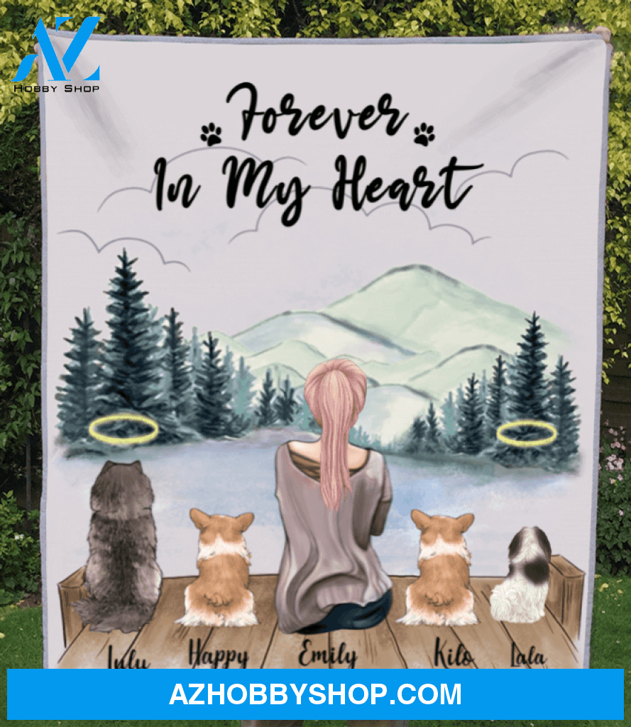 Personalized Mother's Day Gift For Dog Mom - Mom and 4 Dogs Personalized Fleece Blanket - Forever in my heart - Gift ideas for dog moms
