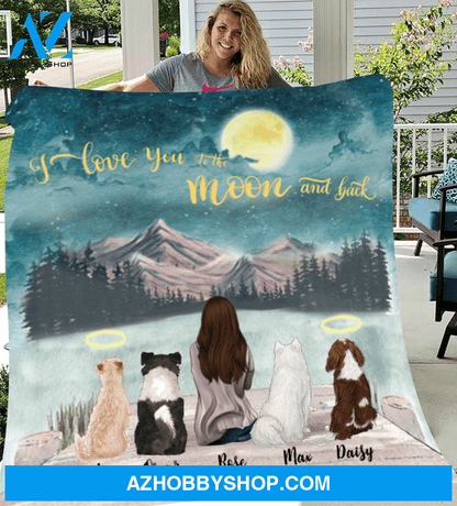 Personalized Mother's Day Gift For Dog Mom - Mom & Upto 4 Dogs Personalized Fleece Blanket - I love you to the moon and back