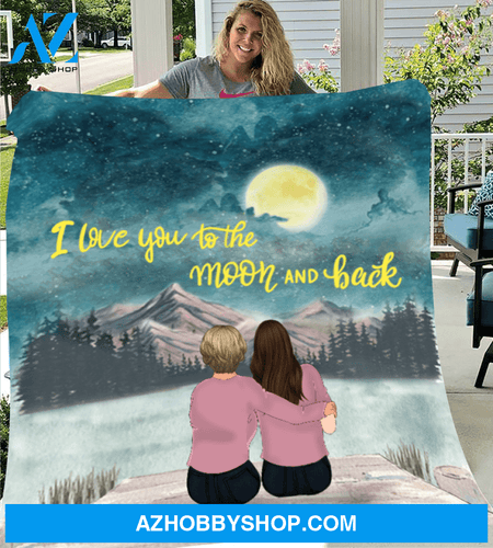 Personalized Mother's day gift from daughter to mom - Mom & 2 daughters personalized fleece blanket - I love you to the moon and back