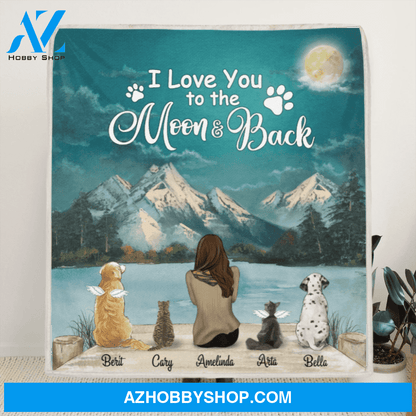 Personalized Mother's Day gift idea for dog mom, cat mom - Mom and 4 Pets Fleece Blanket - Best Gift For Cat Dog Mom - I Love You To The Moon And Back