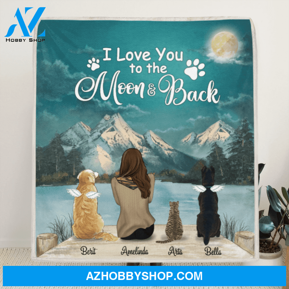 Personalized Mother's Day gift idea for dog mom, cat mom - Mom and 3 Pets Fleece Blanket - Best Gift For Cat Dog Mom - I Love You To The Moon And Back