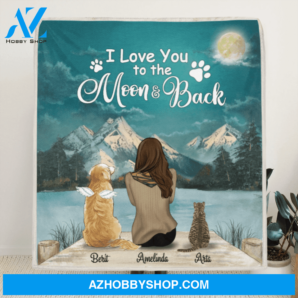 Personalized Mother's Day gift idea for dog mom, cat mom - Mom and 2 Pets Quilt Blanket - Best Gift For Cat Dog Mom - I Love You To The Moon And Back