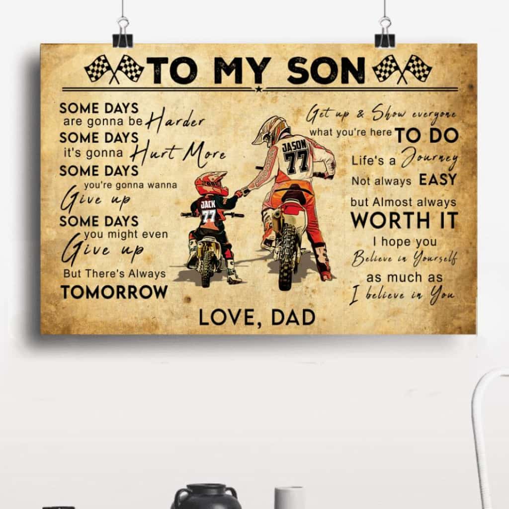 Personalized Motocross Poster, Canvas with custom Name, Number & Appearance, Vintage Dirt Bike Dad And Son - NTB0114B01DP