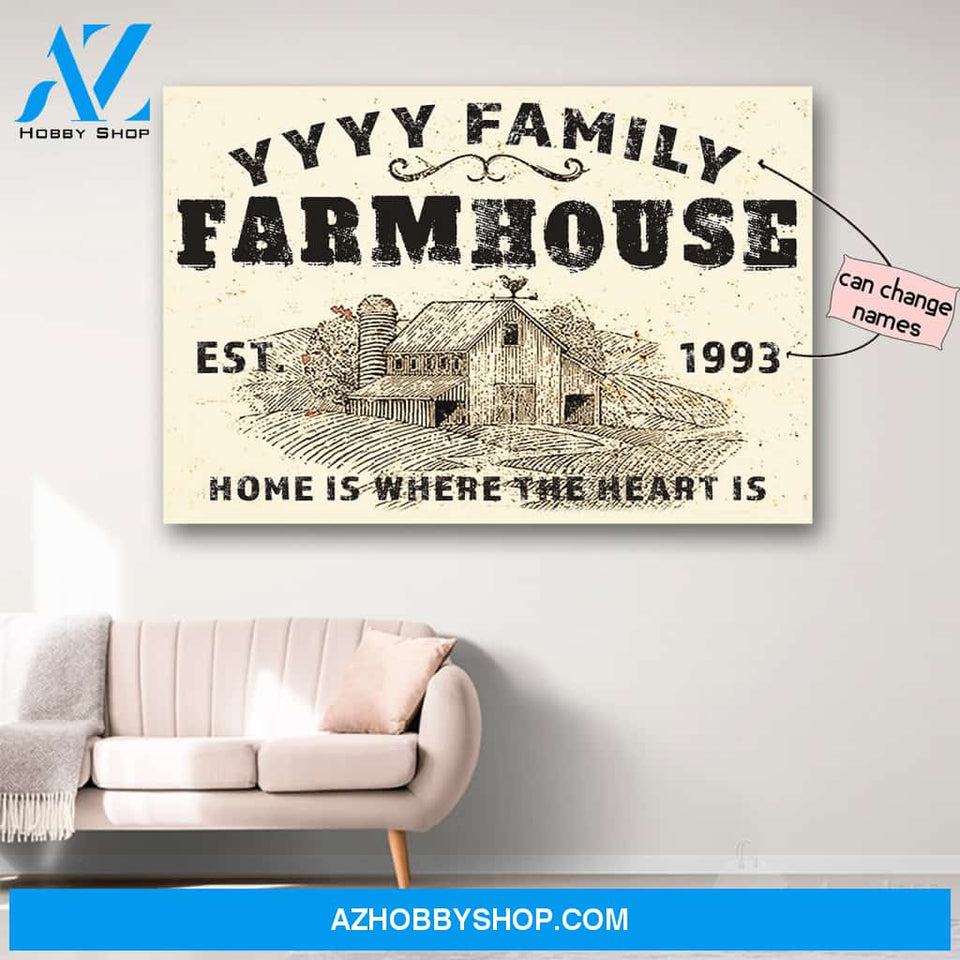 Personalized Name And Year Home Is Where The Heart Is Farmhouse Canvas Print Wall Art - Matte Canvas