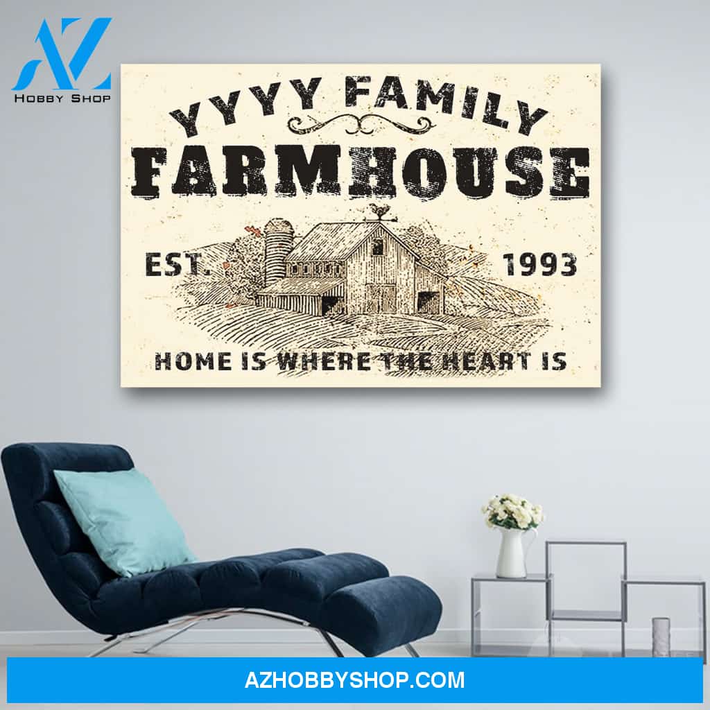 Personalized Name And Year Home Is Where The Heart Is Farmhouse Canvas Print Wall Art - Matte Canvas