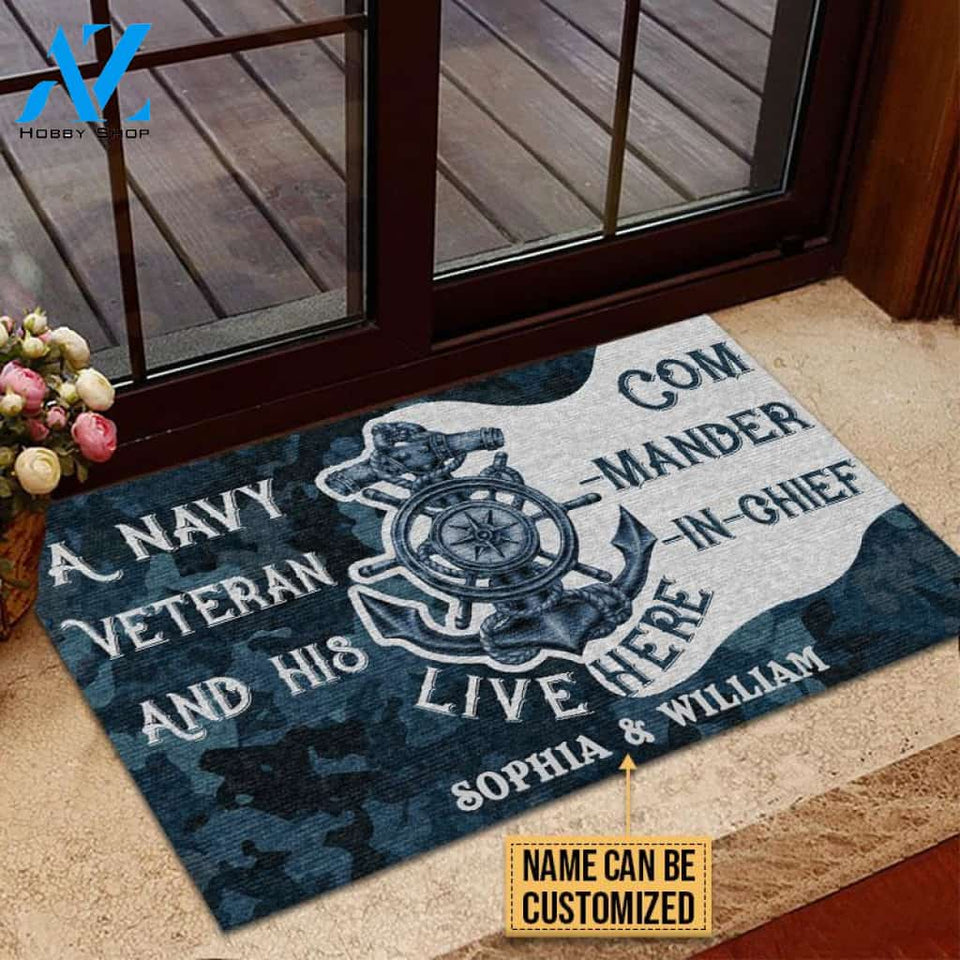 Personalized Navy Veteran Live Here Blue Custom Doormat