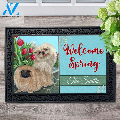 Personalized Pekingese and Tulips Doormat - 18" x 30"