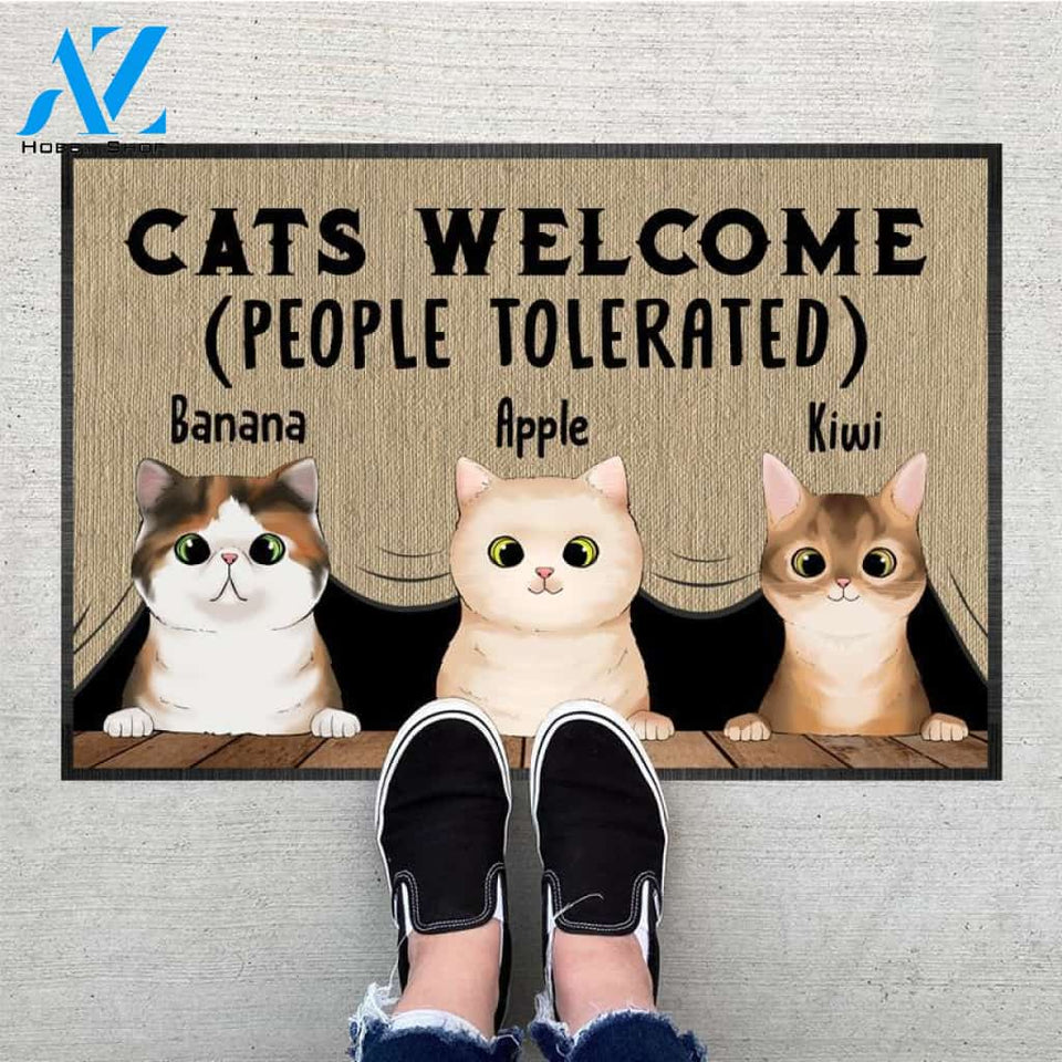 Personalized People Tolerated Welcome Cat Doormat With Anti-slip Rubber, Cat Breeds & Name Can Be Changed, Non-Woven Fabric Doormat, Funny Front Door Mats