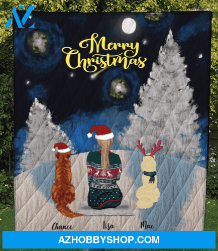 Personalized pet blanket - Gift for cat dog mom, cat dog lovers - Mom & 2 Pets Winter camping quilt
