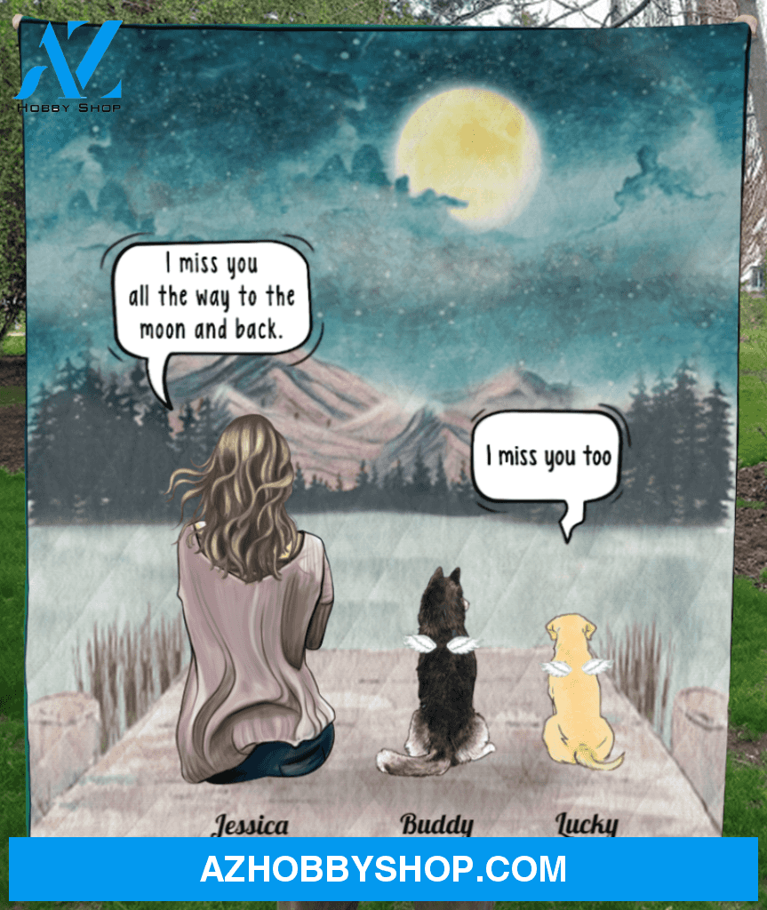 Personalized pet memorial gift idea for cat dog owners, cat dog mom - Mom & 2 cats, dogs memorial quilt blanket - I miss you all the way to the moon and back
