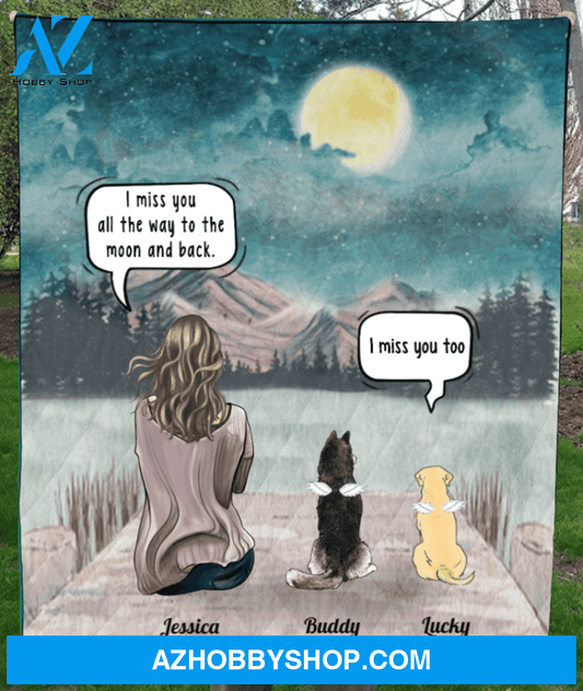 Personalized pet memorial gift idea for cat dog owners, cat dog mom - Mom & 2 cats, dogs memorial quilt blanket - I miss you all the way to the moon and back