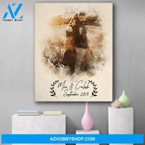 Personalized Photo Watercolor Portrait Wedding Painting, Engagement Canvas Print Wall Art - Matte Canvas