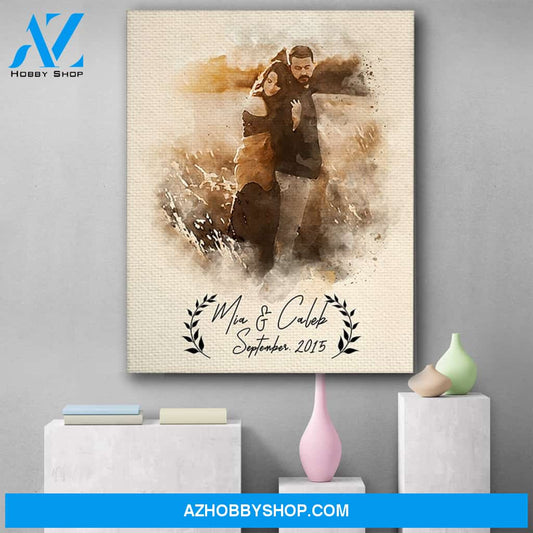 Personalized Photo Watercolor Portrait Wedding Painting, Engagement Canvas Print Wall Art - Matte Canvas