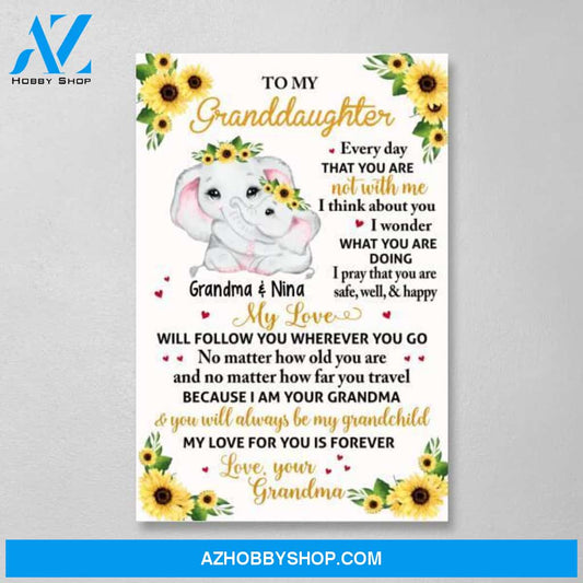 Personalized Portrait Canvas, To My Granddaughter, Floral Elephant Grandma And Granddaughter, Gift For Granddaughter