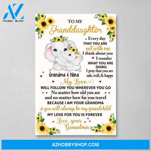 Personalized Portrait Canvas, To My Granddaughter, Floral Elephant Grandma And Granddaughter, Gift For Granddaughter