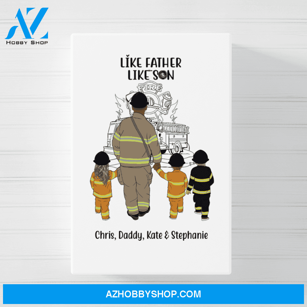 Personalized Poster/Canvas, Firefighter Parent and Kids, Dad and Kids, Custom Gift for Father's Day and Firefighters