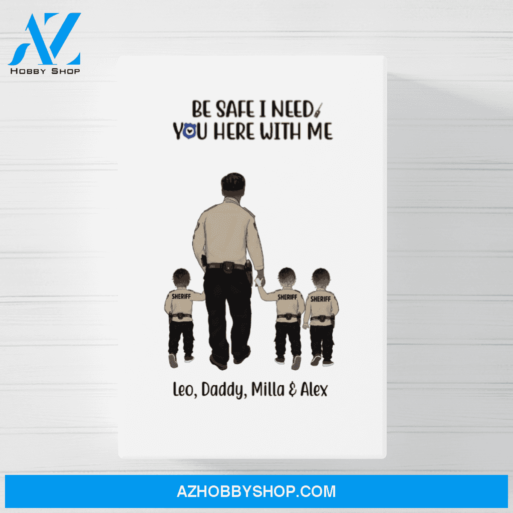 Personalized Poster/Canvas, Police Dad and 3 Kids, Custom Gift for Father's Day and Police Lovers