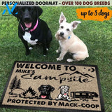 Gosszy - Personalized Protected By "Dog Name" Doormat, Welcome to our campsite, Dog mat custom, Pawprints doormat, Dog doormat, Camping doormat, Happy camper dog, Dog gift, Custom dog