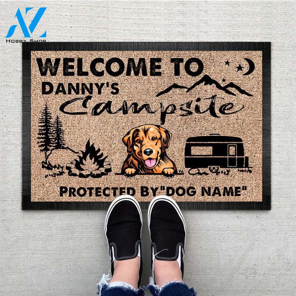 Personalized Protected By "Dog Name" Doormat, Welcome to our campsite, Dog mat custom, Pawprints doormat, Dog doormat, Camping doormat, Happy camper dog, Dog gift, Custom dog
