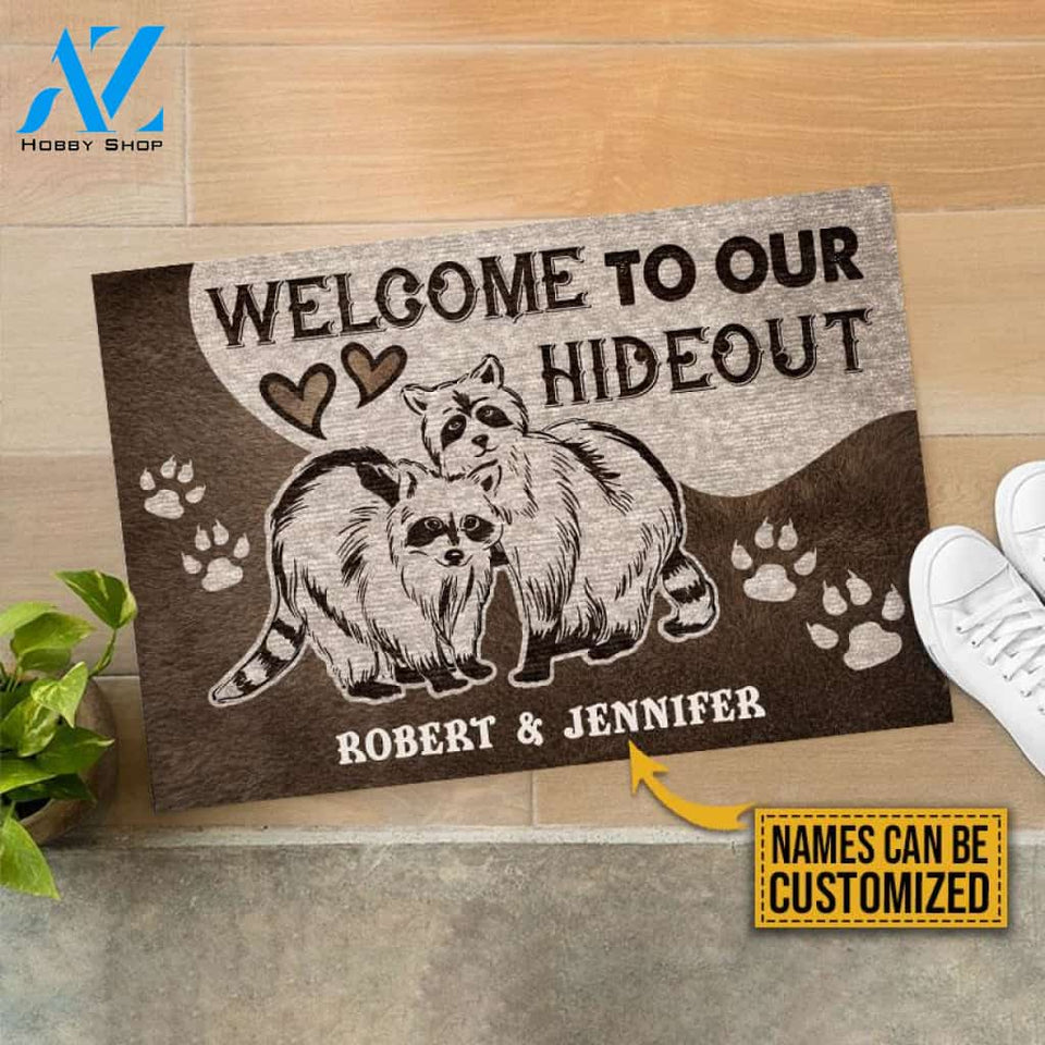 Personalized Raccoon Couple Hideout Customized Doormat