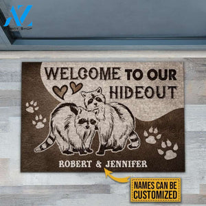 Personalized Raccoon Couple Hideout Customized Doormat | WELCOME MAT | HOUSE WARMING GIFT