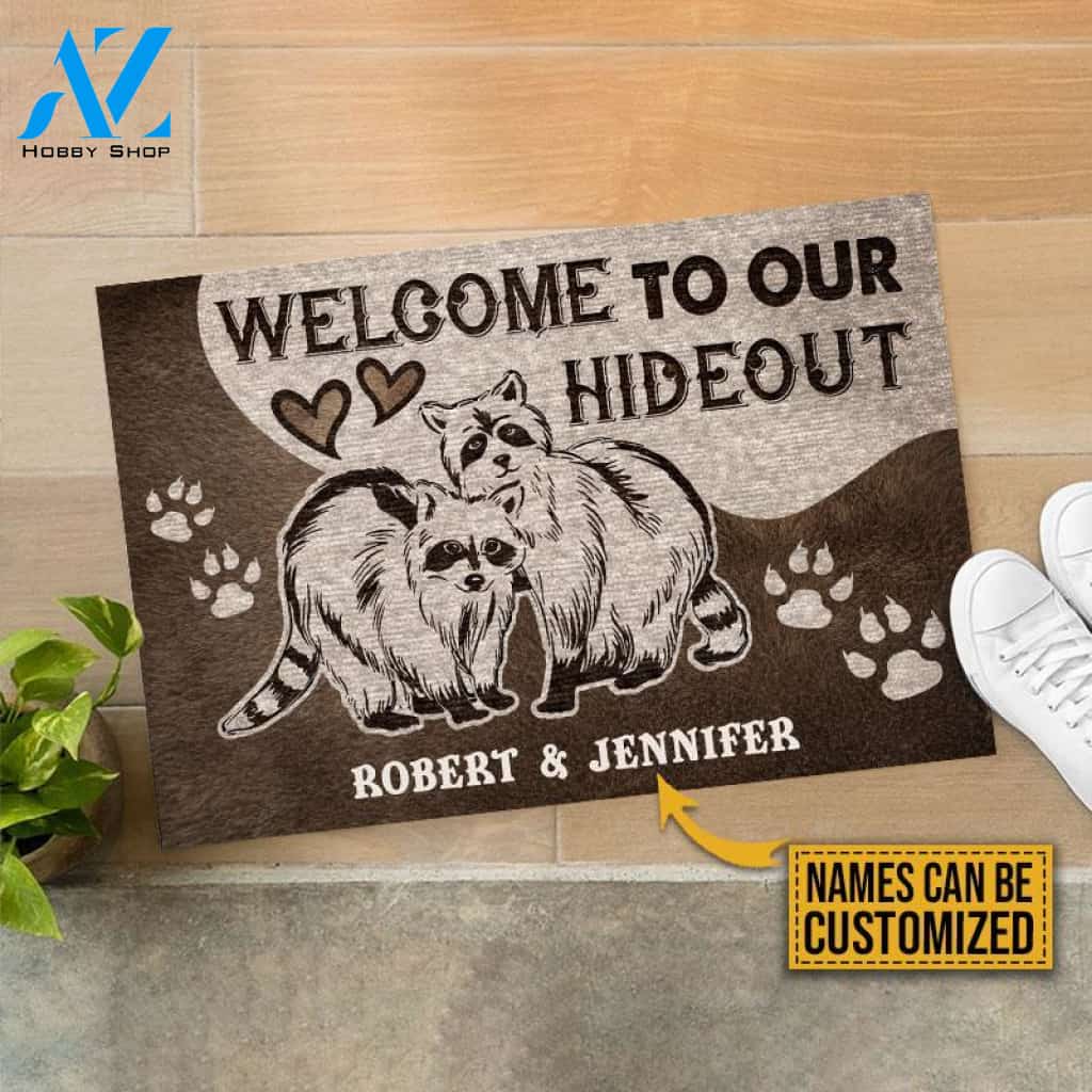 Personalized Raccoon Couple Hideout Customized Doormat | WELCOME MAT | HOUSE WARMING GIFT