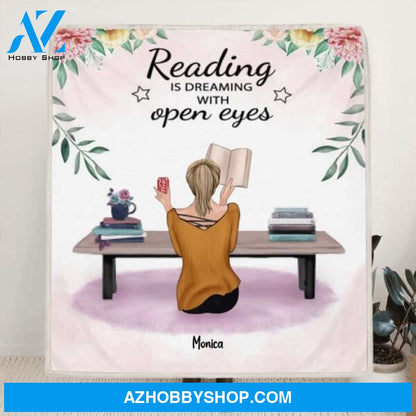 Personalized Reading Book Quilt/Fleece Blanket - Girl With Upto 5 Pets - Gift Idea For Reading Lovers - Reading Is Dreaming With Open Eyes
