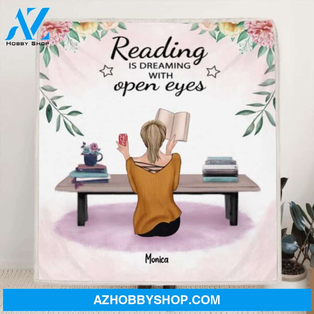 Personalized Reading Book Quilt/Fleece Blanket - Girl With Upto 5 Pets - Gift Idea For Reading Lovers - Reading Is Dreaming With Open Eyes