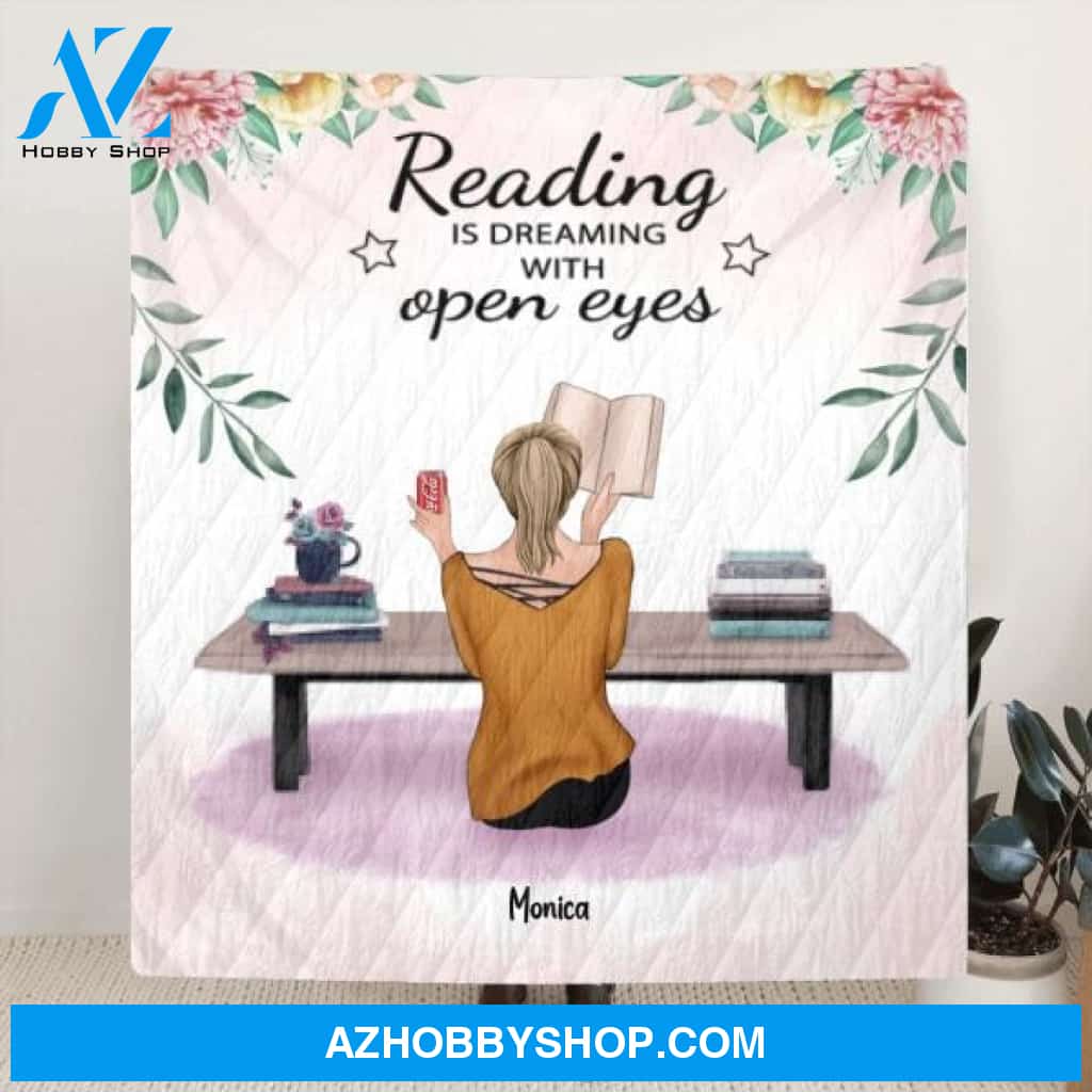 Personalized Reading Book Quilt/Fleece Blanket - Girl With Upto 5 Pets - Gift Idea For Reading Lovers - Reading Is Dreaming With Open Eyes