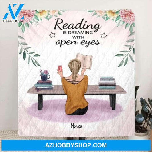Personalized Reading Book Quilt/Fleece Blanket - Girl With Upto 5 Pets - Gift Idea For Reading Lovers - Reading Is Dreaming With Open Eyes