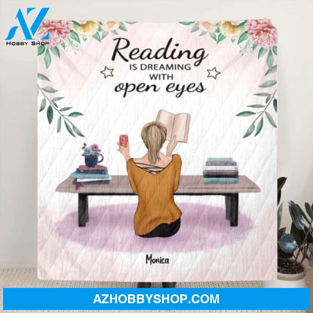 Personalized Reading Book Quilt/Fleece Blanket - Girl With Upto 5 Pets - Gift Idea For Reading Lovers - Reading Is Dreaming With Open Eyes