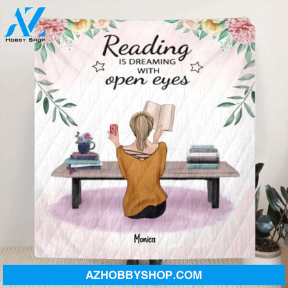 Personalized Reading Book Quilt/Fleece Blanket - Girl With Upto 5 Pets - Gift Idea For Reading Lovers - Reading Is Dreaming With Open Eyes