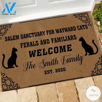 Personalized Salem sanctuary for wayward cats ferals and familiars welcome doormat