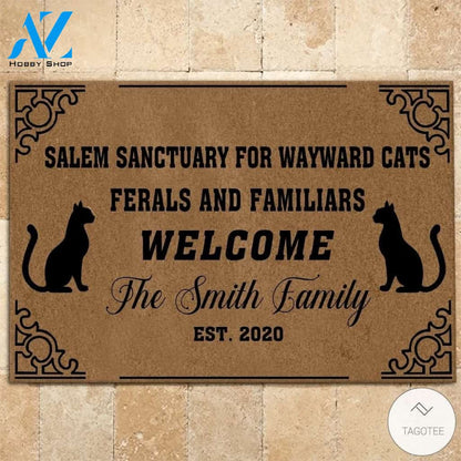 Personalized Salem sanctuary for wayward cats ferals and familiars welcome doormat