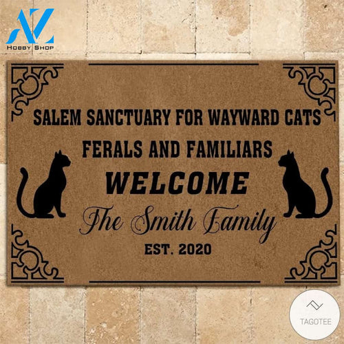 Personalized Salem sanctuary for wayward cats ferals and familiars welcome doormat