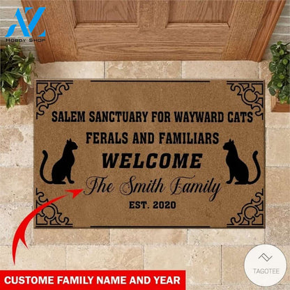 Personalized Salem sanctuary for wayward cats ferals and familiars welcome doormat
